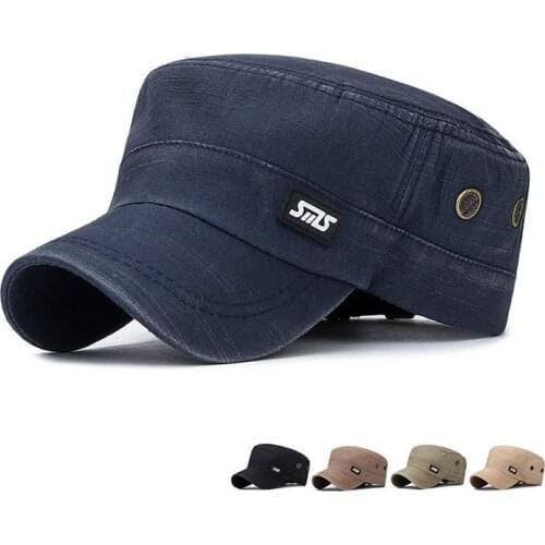 2021 NEW Unisex Classic Vintage Flat Top Mens Washed Caps And Hat Adjustable Fitted Thicker Denim Solid Cap Military Flat Hats
