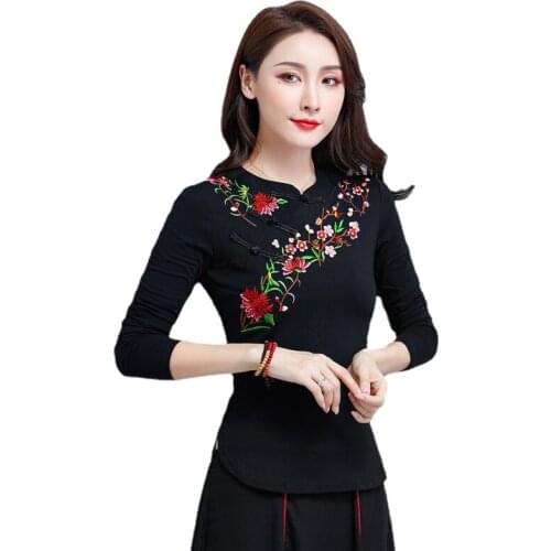 2021 New Embroidery Chinese Style Clothing Women Buckle T Shirt Autumn Winter T-Shirt Vintage Top Tee Woman Clothes Folk G253
