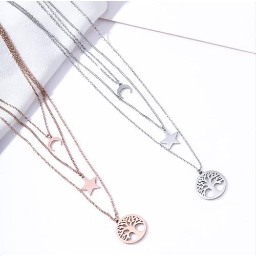Stainless Steel Tree Of Life Moon Star Pendant Necklace For Women Trendy Multi-layered Necklace femme Bijoux collier Dropship