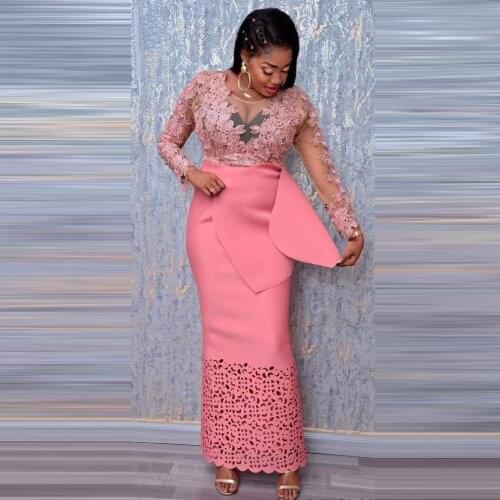 Pink South African Evening Dresses Sheath Scoop Long Sleeves Satin Lace Nigeria Dubai Saudi Arabic Evening Gown Prom Dresses