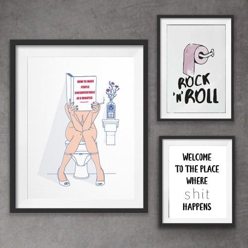 Modern Toilet Sexy Woman Canvas Prints Rock Music Fun Bathroom Picture Poster Fashion Roll Paper Painting Home Decor Frameless