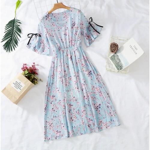 Korean Summer Ruffle Sleeeve Chiffon Dress Women Knee Length V-Neck Print Dresses Slim Casual Drawstring Women Dress New 10235