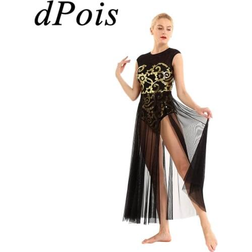 Women Adult Lyrical Praise Dance Wear Floral Shiny Sequins Modern Dance Costume Gymnastics Leotard Stage Performance Maxi Dress