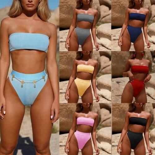 Women Sexy 2pcs Bikini Set Strapless Bandeau Swimsuit Solid Color Bathing Suit