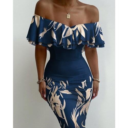 2021 Women Elegant Dress Polkadot Print Ruffles Scarf Off Shoulder Floral Print Ruffle Trim Off Shoulder Bodycon Dress