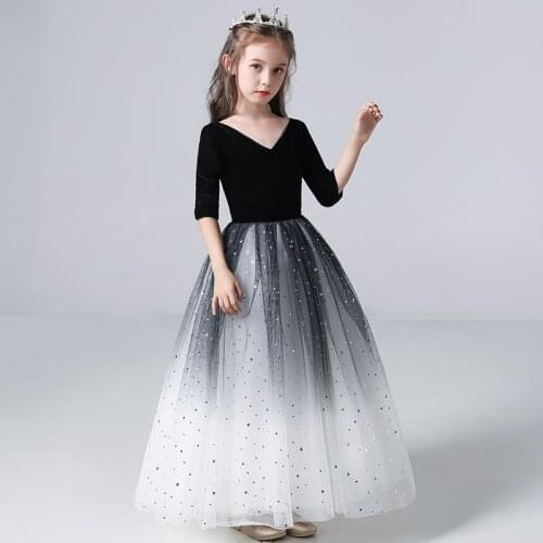 Beauty-Emily Gradient Black V-Neck Girls Dress Half Sleeve Tulle Gowns For Girls Flower Girl Dresses For Wedding Vestido de nina