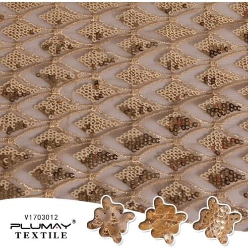 100%Polyester gold shiny 3mm sequin seashell lace embroidered mesh fabric for dress