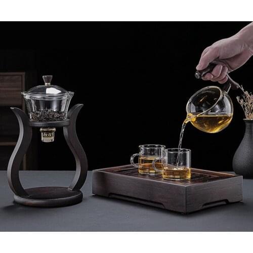 7pcs Heat-resistant Glass Teapot Set with Cup Automatic China Kungfu Tea Maker Tools Set Wooden Holder Water Rotating Cover Bowl
