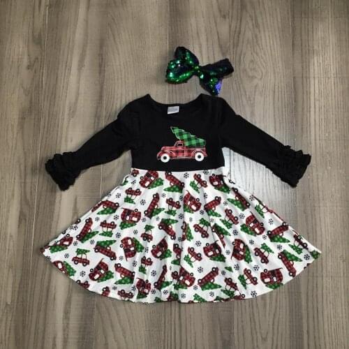 Girlymax Christmas Tree Truck Plaid Fall/winter Baby Girls Cotton Chlidren Clothes Milk Silk Twirl Dress Knee Length Match Bow