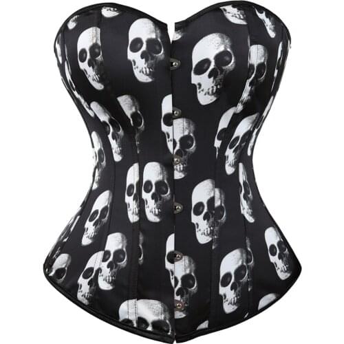 Womens Sexy Skull Overbust Corset Bustier Basque Gothic Showgirl Costumes Plus Size Corselet Lingerie Tops