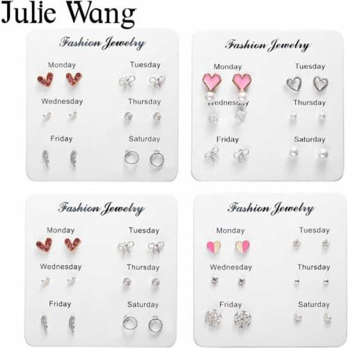 Julie Wang 6 Pairs/Set Stud Earrings Set Heart Star Flower Feather Alloy Crystal Pearl Enamel Fashion Earrings Women Jewelry
