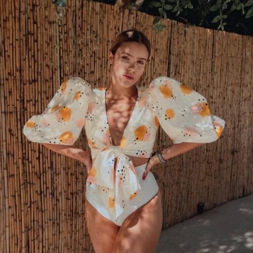 Beautiful Beachwear Female Summer Beach Two Pieces Swimwear Split High Waist Solid Color Bubble Sleeve Fresh 2021 New Bikini
