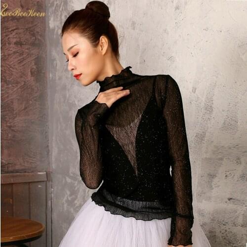 Ballerina Ballet Leotards Temperament High Collar Women Ballet Tops Adult Summer Yoga/Dance/Sport Mesh Sequins Ballet Leotards