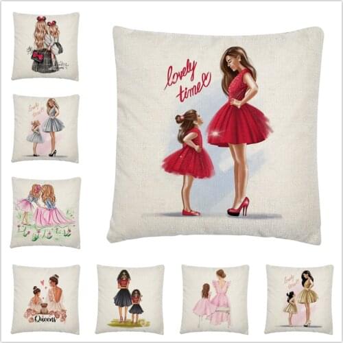 Super Beautiful Mother Kid Cartoon Pattern Linen Cushion Cover Pillowcase Home Sofa Car Decoration Pillowcase45X45 Cm