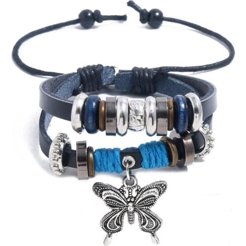 Fashion Vitange Butterfly Beads Bracelet Black Cuff Leather Charms Alloy Wrap Bangle Casual Retro Wristbands Women Jewelry Gift