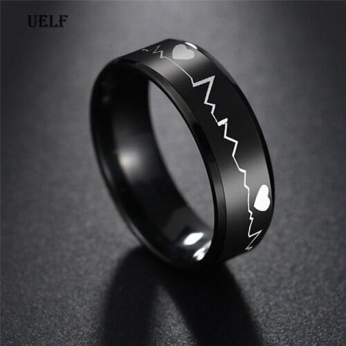 Uelf Ring Men/Women Titanium Steel Black Electrocardiogram Wave heartbeat Ring Fashion Jewelry Simple Style