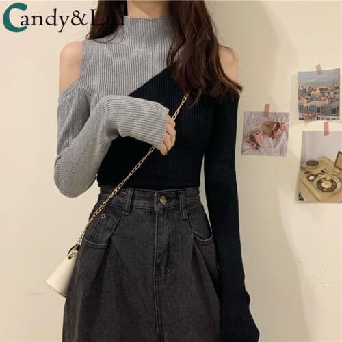 Spring off the shoulder sweater womens 2021 new color contrast stitching half high collar with undercoat to show thin T-shirt