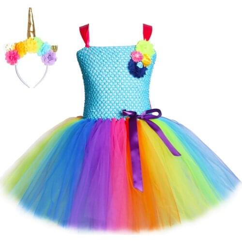 Rainbow Unicorn Girls Tutu Dress Tulle Flower Baby Girl Birthday Party Dress Children Kids Halloween Pony Unicorn Costume 2-12Y