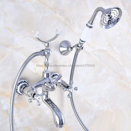 Polished Chrome Wall Mount Bathtub Tub Mixers Two Cross Handles Bathroom Bath Shower Faucet with Handshower Nna762