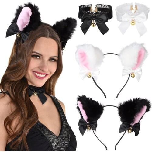 1Pcs Cat Ear Headband With Bells Necklace Lolita Sweet Cosplay Plush Cat Ears Headwear Fancy Dress Hairband For Costume Party