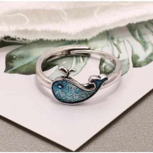 Sweet Minimalist Style Blue Dripping Whale Adjustable Opening Ring Valentines Day Present Accessory Set Ladys Fidget Rings