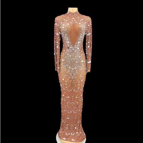 Sexy Mesh Perspective Mirrors Rhinestones Evening Celebrate Birthday Long Dress Women Bar Nightclub Party Outfit Show Stage Wear