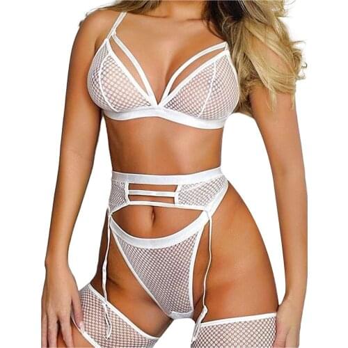 Fishnet Mesh Perspective Sexy Underwear Women Hollow Out Bra and Thong Lingerie Set Lenceria Sensual Mujer Hot Erotic Costumes