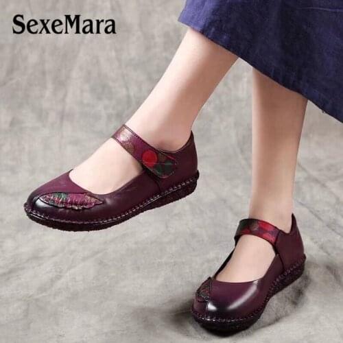 SexeMara spring women Genuine Leather Flats shoes Comfortable Breathable soft retro Black Red Purple ladies Shoes size 35-41