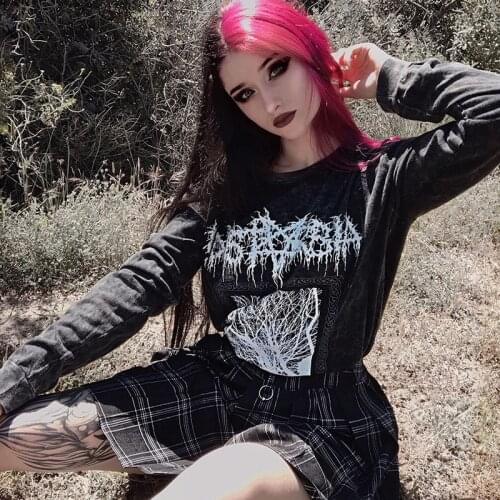 Y2k Goth Loose Long Sleeve Black Casual Sweatshirts Woman 2021 Spring New Gothic Print O Neck Pullovers Streetwear Harajuku Top