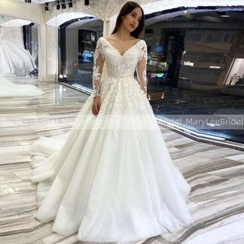 Vintage V-Neck Wedding Dresses With Sheer Long Sleeves 2021 A-Line Israel Bride Wedding Gowns Vestido De Noiva