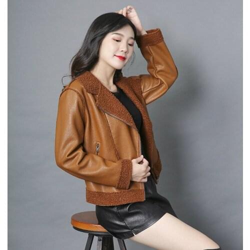 Autumn Casual Pu Leather Faux Fur Collar Female Coat Girls Winter Jacket Short Faux Leather Brown Oversized Jacket Women 5xl 4xl