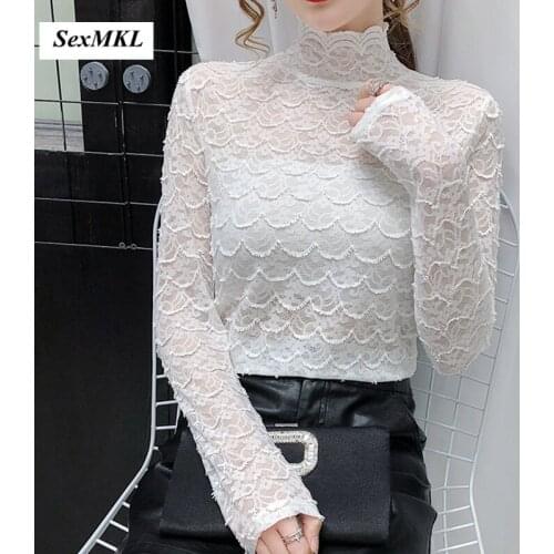 Women Casual Transparent Blouses Plus Size 2020 Fashon Logn Sleeve Elegant Ladies Tops Korean Clothing Winter Sexy Lace Shirts