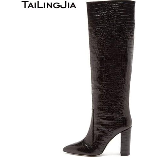 Tailingjia Ladies Black High Heel Winter Shoes Footwear 2020 Pointed Toe Tall Long Chunky Heel Womens White Knee High Boots