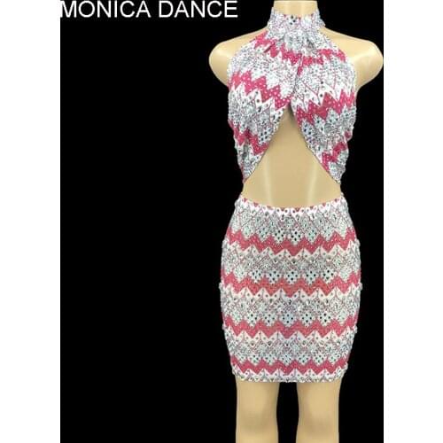 Women Sexy Stage Silver Rhinestone Sexy 2pcs Set Mini Dress White Pink Dancer Prom Outfit Evening Birthday Celebrate Costume