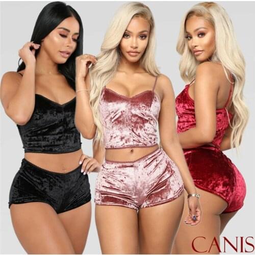 US Women 2pcs Set Sexy Pajamas Sets Velvet Crop Tops and Shorts Pajamas Sleepwear