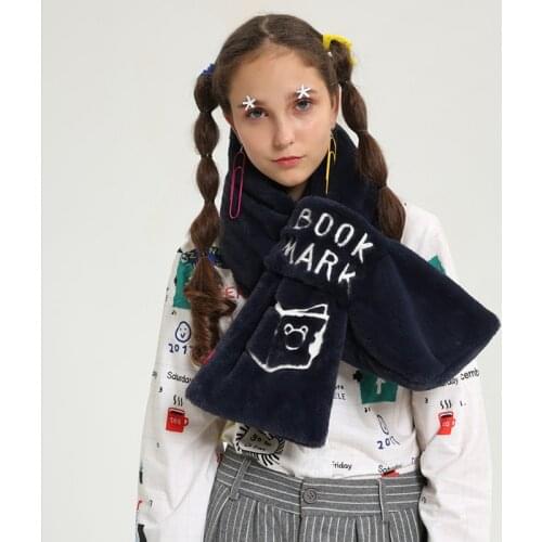 Fashion 2017 Winter New Faux Fur Women Knitted Rex Rabbit Fur Scarves Neckerchief Winter Ring Wraps Letter Embroidery Dark Blue