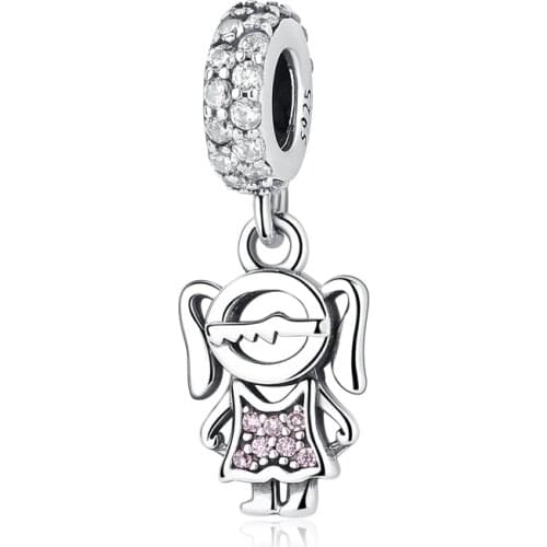 New Original 925 Sterling Silver Bead Classic Girl And Pink Dress Dangle Charm Fit Pandora Bracelet Necklace DIY Women Jewelry