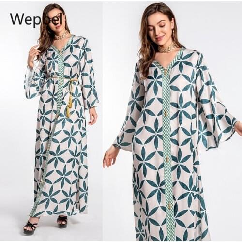Wepbel Islamic Clothing Robe Fashion Printed Abaya Muslim Women Dress V-neck Lace Robe Dress Hijad Musulman Djellaba Dress