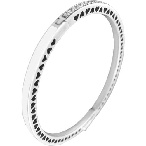 100% 925 Sterling Silver Bracelets Bangles Radiant Hearts Bangle with Silver Enamel & Clear CZ Party Gift for Women pulseras