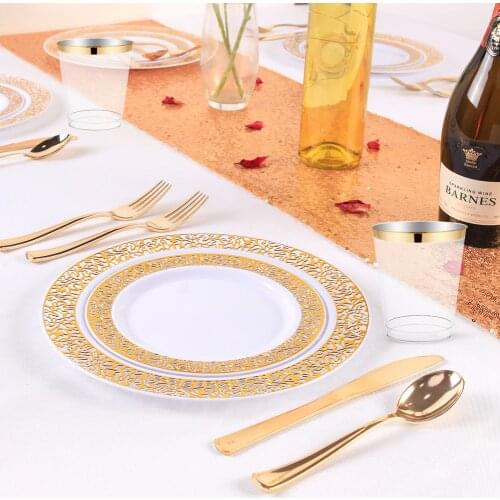 15 Sets Golden Plastic Tableware Disposable Plastic Cutlery Set Plastic Plate Salad Plate White Bronzing Birthday Party Cutlery