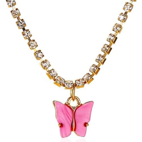 4 Color Gold Iced Out Chain Necklace Women Cute Butterfly Pendant Necklaces Boho Jewelry Crystal Bijoux Femme Wedding Gift
