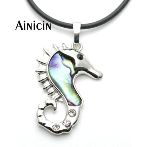 5pcs Silver Color Lovely Sea Horse Pendants Natural Abalone Shell Setting 18'' Rubber Chain Necklace For Girl Jewelry