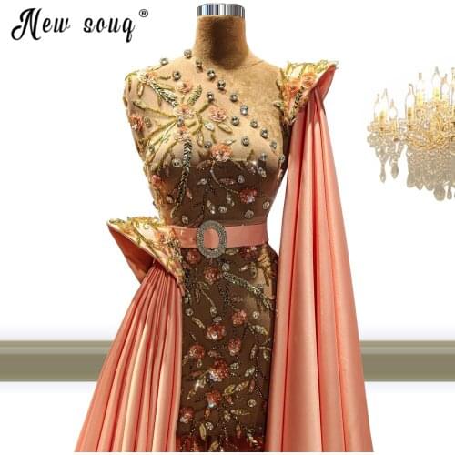 Arabic One Shoulder Shining Evening Dress with Cape Long Sleeves Dubai Women Wedding Party Gowns Elegant Plus Size