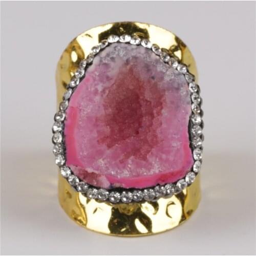 Big gold polished rose hot pink geode crystal stone slice pave rhinestone bead charm open hammered ring cuff for woman man