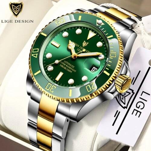 LIGE 2021 Men Mechanical Wrist Watch Automatic Stainless Steel 100ATM Diving Watch Top Brand Luxury Mens Watches Reloj Hombre