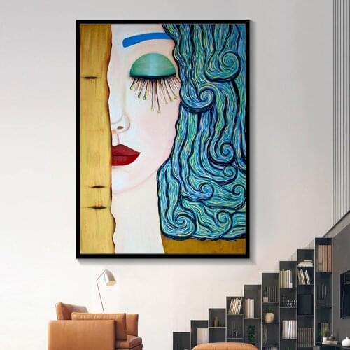 Beauty Woman Fashion Portrait Pictures For Living Room Home Decoration Abstract Figure Blue Hair and Red Lips Canvas Painting