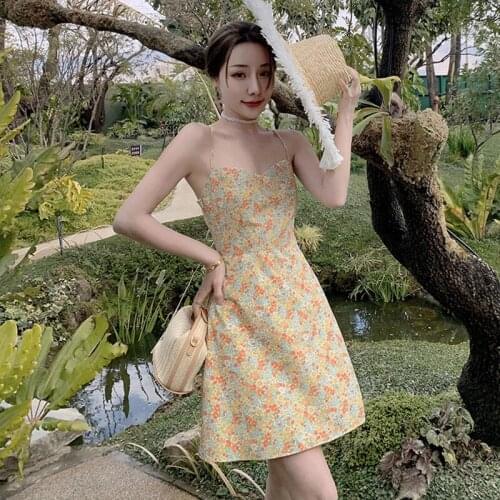 Summer Casual Beach Mini Party Dress Ladies Retro Sexy Strap Sleeveless Backless Sweet Floral Print Bandage Sundress Vacation