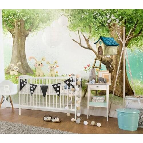 Cartoon Big tree Birds nest Wallpaper Mural 3d Wall Photo Mural for Kids Room sofa Background 3d Rabbit wall paper Decor