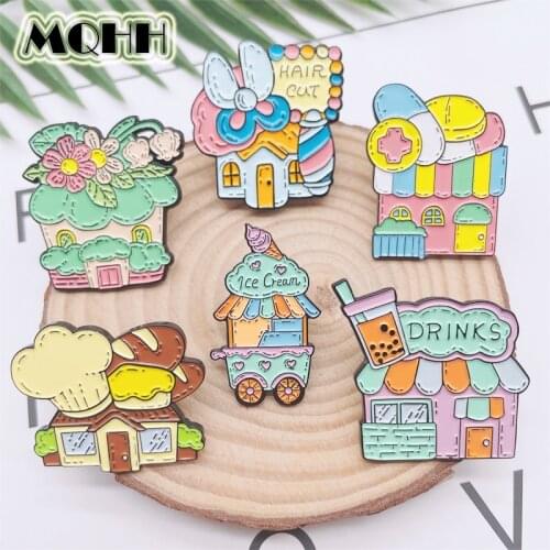 Cartoon Creative Color House Modeling Enamel Pins Flowers Haircut Milk Tea Ice Cream Hospital House Alloy Brooch Woman Jewelry