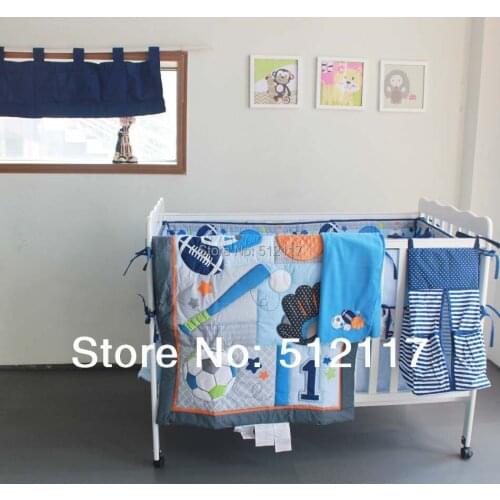 New 7pcs Embroidered Base Ball Sports Boy Baby Cot Crib Bedding Set 5 items includes Quilt Bumper Fitted Sheet Nappy bag Blanket